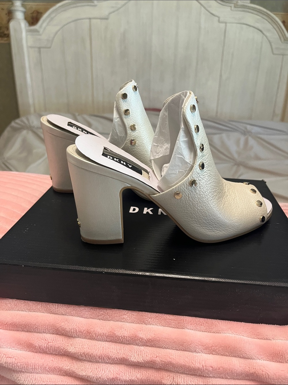 DKNYC Cream Leather Studded Block Heel Mules